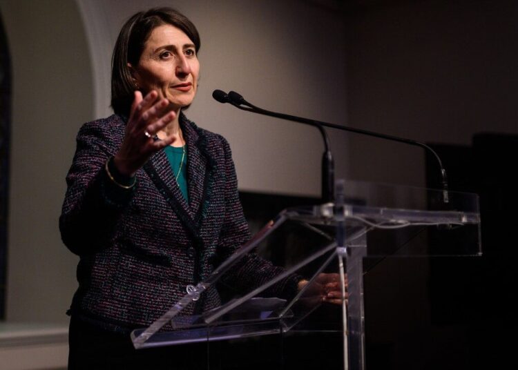 New South Wales Premier Gladys Berejiklian speaks after a State Library tour by the visiting Netherlands Prime Minister Mark Rutte in Sydney on October 9, 2019. - Rutte is on a three-day visit to Australia. (Photo by JAMES GOURLEY / POOL / AFP)
