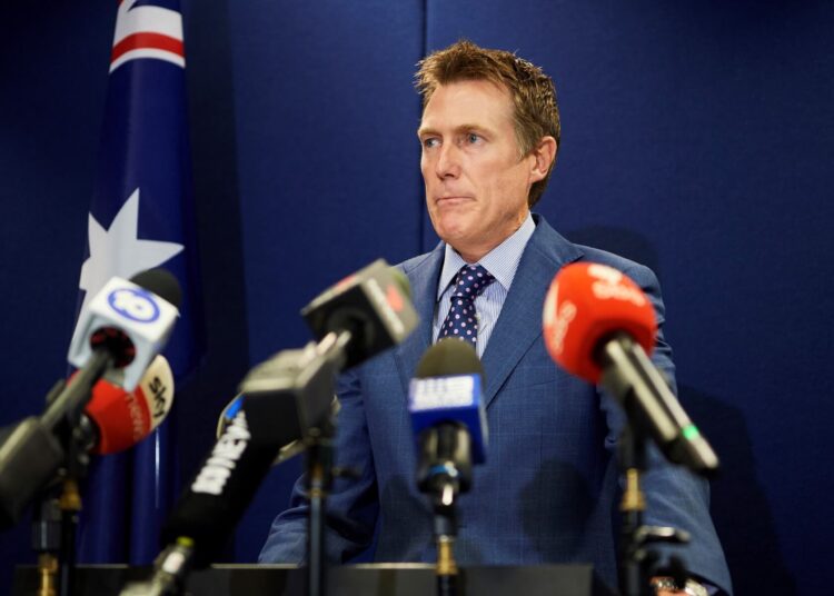 Australia's attorney general Christian Porter speaks during a press conference in Perth on March 3, 2021, after he outed himself as the unnamed cabinet minister accused of raping a 16-year-old girl. (Photo by Stefan Gosatti / AFP)