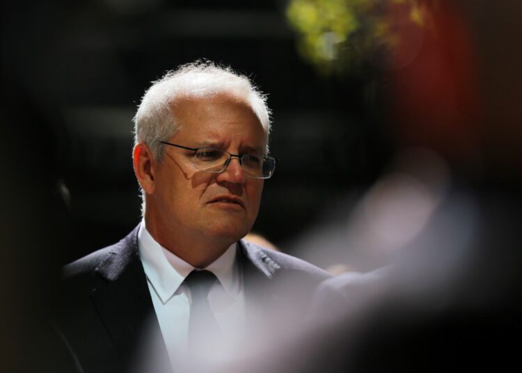 Australia's Prime Minister Scott Morrison is pictured after attending a church service at St Andrews Cathedral in Sydney on April 11, 2021. (Photo by Steven Saphore / AFP)
