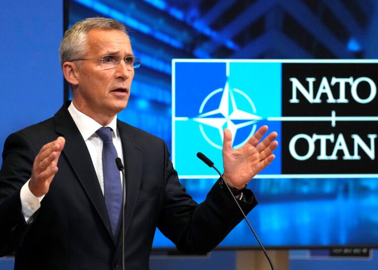 NATO Secretary General Jens Stoltenberg speaks during a media conference after a meeting of national security advisors at NATO headquarters in Brussels, on October 7, 2021. (Photo by Virginia Mayo / POOL / AFP)