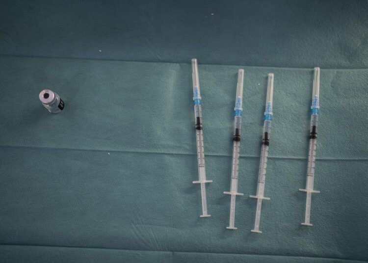 Syringes with the dose of Pfizer vaccine against Covid-19 ready for use at Casal de Gent Gran Quatre Cantons in Barcelona, Spain, on April 15, 2021. (Photo by Pau de la Calle/NurPhoto) (Photo by Pau de la Calle / NurPhoto / NurPhoto via AFP)