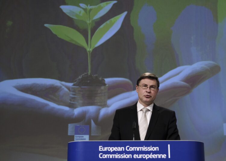 BRUSSELS, BELGIUM - APRIL 21: European Commission Vice-President Valdis Dombrovskis and EU Commissioner in charge of financial services, financial stability and the Capital Markets Union, Mairead McGuinness (not seen) give a press conference on Sustainable Finance Package following a weekly meeting of the EU Commission in Brussels on April 21, 2021. Alexandros Michailidis / Pool / Anadolu Agency (Photo by Alexandros Michailidis / Pool / ANADOLU AGENCY / Anadolu Agency via AFP)