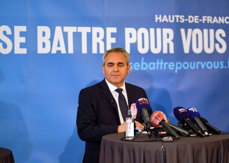 Xavier Bertrand, candidate for his succession as president of the northern France Hauts-de-France region, attends a press conference to announce he steps into regional elections race on May 03, 2021 in Maubeuge, France. Former health minister for France, Bertrand's lead in the regional elections in Hauts-de-France is looking challenging in the second tour as France inches closer to presidential elections race of 2022for which he declared to be candidate. (Photo by SYLVAIN LEFEVRE / Hans Lucas / Hans Lucas via AFP)