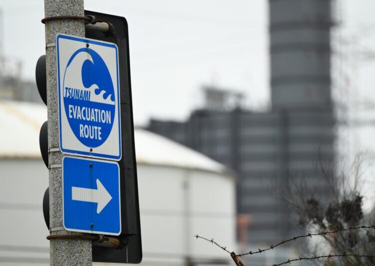 A tsunami evacuation route sign is displayed in El Segundo, California, on January 15, 2022. - The US National Weather Service issued tsunami advisories for the entire west coast of the United States following a massive volcanic eruption across the Pacific Ocean in Tonga. (Photo by Patrick T. FALLON / AFP)