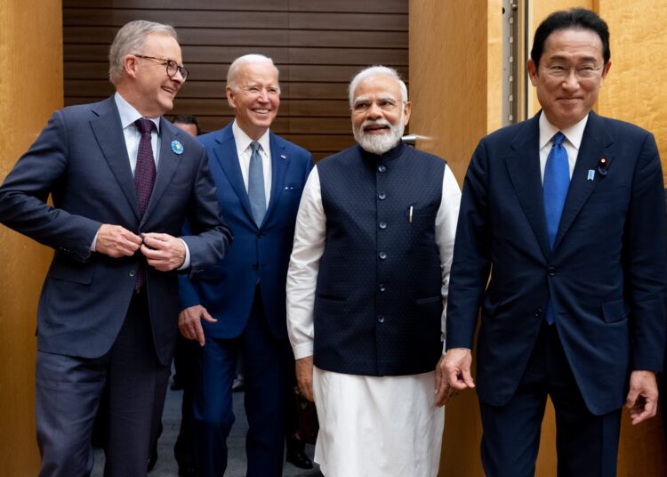 US President Joe Biden, Japanese Prime Minister Kishida Fumio, Indian Prime Minister Narendra Modi and Australian Prime Minister Anthony Albanese arrive for their meeting during the Quad Leaders Summit at Kantei in Tokyo on May 24, 2022. (Photo by SAUL LOEB / AFP)
