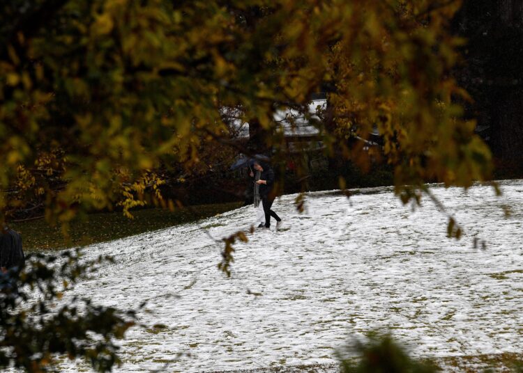 This picture taken on June 10, 2021 shows residents walking through a park covered with snow in Katoomba. (Photo by Saeed KHAN / AFP)