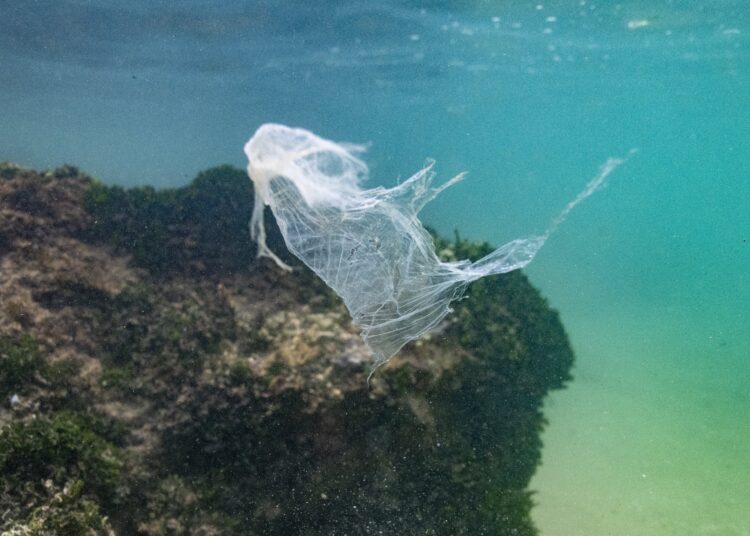 In this picture taken on December 31, 2021 a plastic bag floats in the waters of the Indian ocean near the town of Ahangama in Galle. (Photo by Olivier MORIN / AFP)