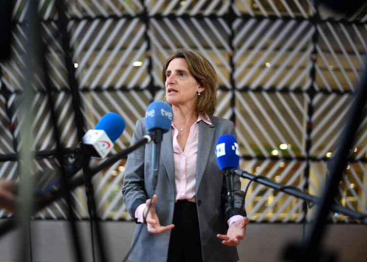 Spanish Environment and Energy Minister Teresa Ribera addresses the press during  the Special European Energy Ministers Council on Russian gas and petrol crisis at the EU headquarters in Brussels on May 2, 2022. (Photo by JOHN THYS / AFP)