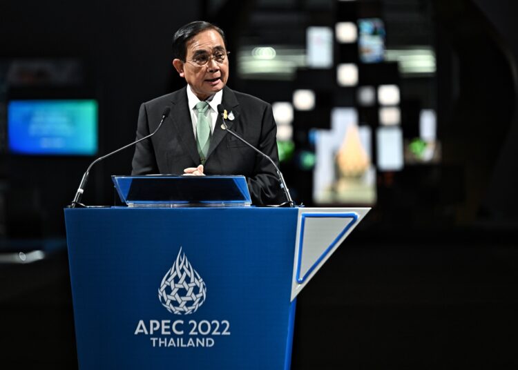 Thailand's Prime Minister Prayut Chan-O-Cha chairs the opening of "BCG Economy for APEC Exhibition" at the Queen Sirikit National Convention Center, in Bangkok on November 14, 2022. (Photo by Lillian SUWANRUMPHA / AFP)