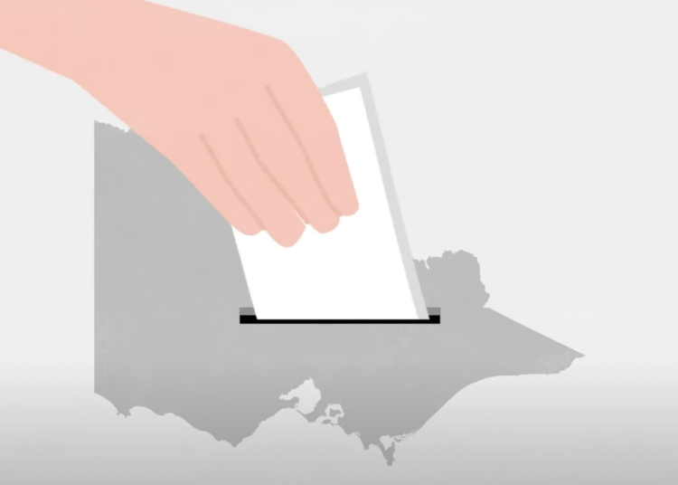 Animation picture of a man voting over a map of Victoria.