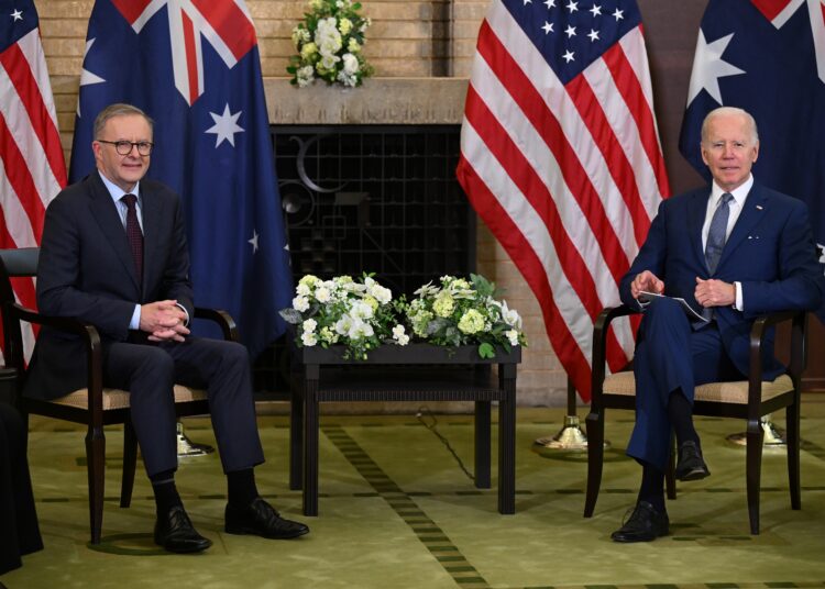 US President Joe Biden (R) and Australian Prime Minister Anthony Albanese hold a meeting during the Quad Leaders Summit at Kantei in Tokyo on May 24, 2022. (Photo by SAUL LOEB / AFP)