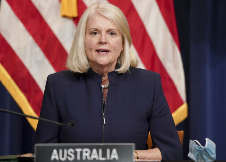 (FILES) A file photo taken on December 15, 2021 shows Australia's then-Minister for Home Affairs Karen Andrews speaking after signing a new law enforcement partnership at the US Department of Justice in Washington, DC. - Australia's former home affairs minister said September 12, 2023 a male colleague used to breathe down her neck as she spoke in parliament, becoming the latest woman to question the country's political culture. (Photo by LEIGH VOGEL / POOL / AFP) / NO USE AFTER SEPTEMBER 22, 2023 06:10:16 GMT