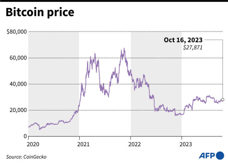 Chart showing Bitcoin price changes since 2020 - AFP / AFP / NICHOLAS SHEARMAN