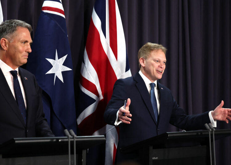 Australia's Deputy Prime Minister and Minister for Defence Richard Marles (L) and Britain's Secretary of State for Defence Grant Shapps hold a press conference at Parliament House in Canberra on March 21, 2024. (Photo by DAVID GRAY / AFP)